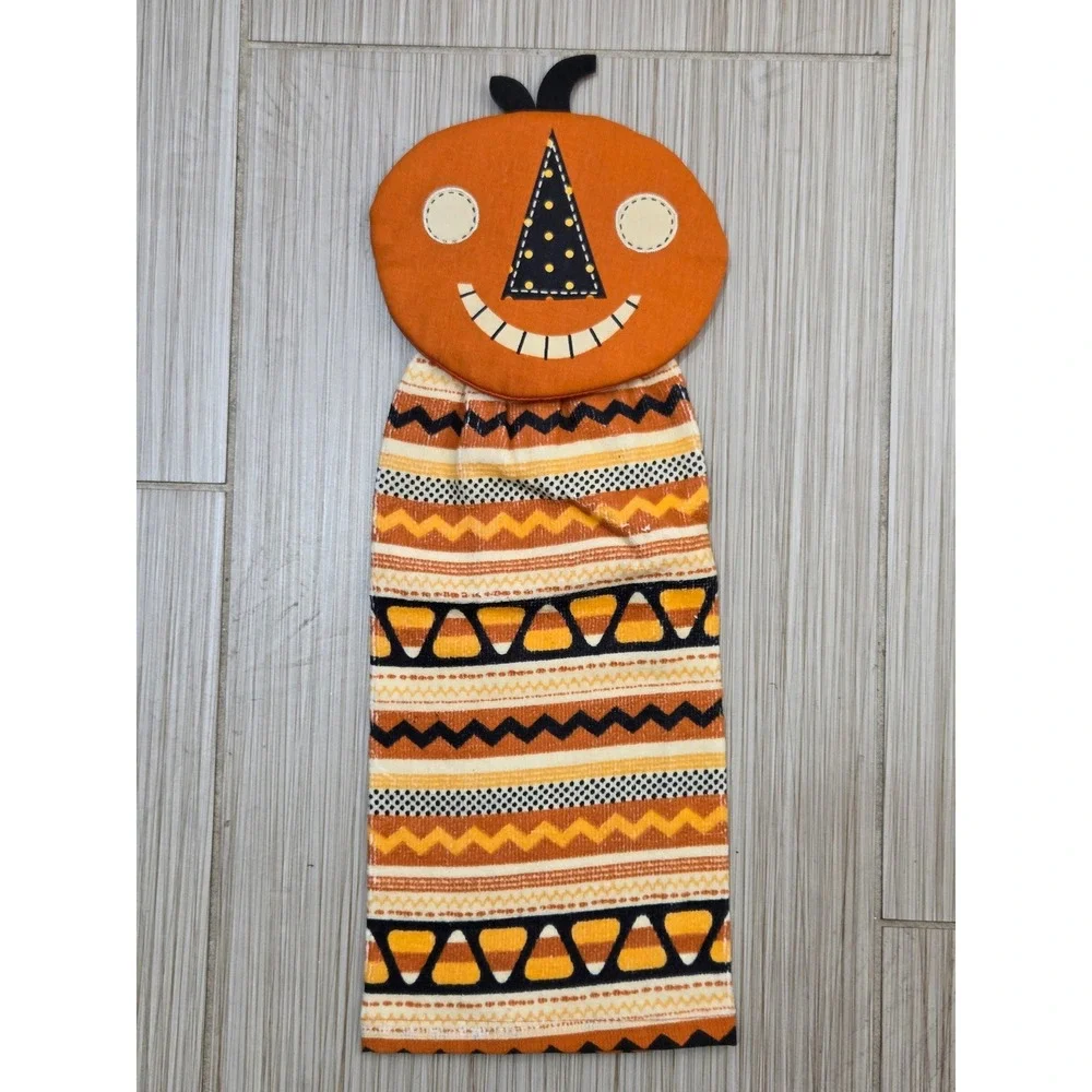 Folk Art Vintage Halloween Pumpkin Hanging Kitchen Towel Candy Corn Orange Black